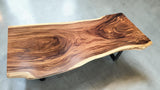 Luxury live edge timber dining table with one-piece Suar slab and contemporary steel base