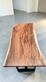 Australian handcrafted live edge Monkey Pod dining table with optional steel or timber base