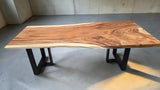 Handcrafted 1800 x 950mm live edge Suar wood dining table with black steel legs.