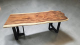 Premium 2200mm live edge Suar dining table handcrafted from one solid timber slab with black steel legs