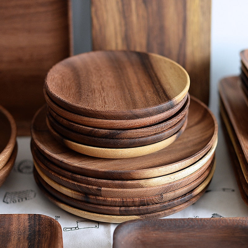 2pcs Round Wooden Plates Set High Quality Acacia Wood.